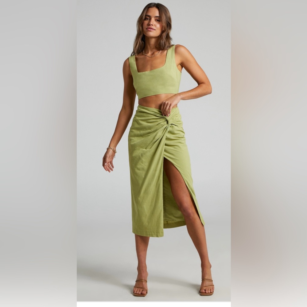 TWO PIECE SET - LINEN CROP TOP AND KNOT FRONT MIDI SKIRT SET IN CELERY